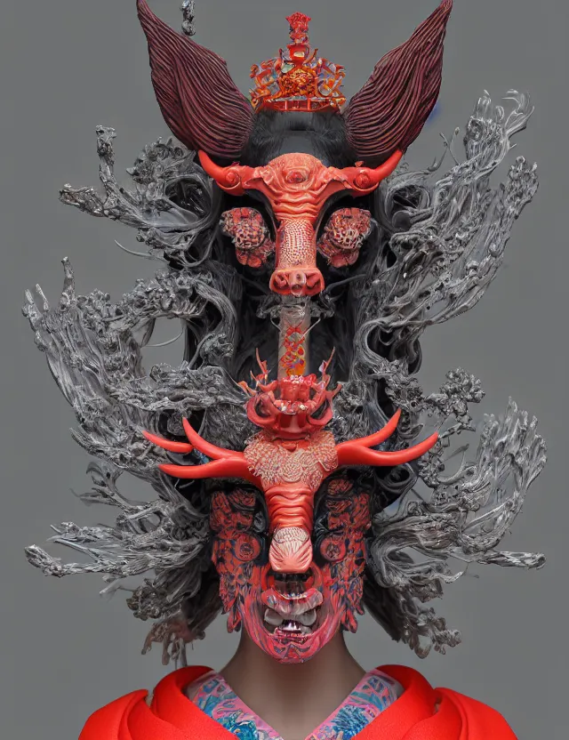 Image similar to 3 d goddess close - up profile satan biohazard portrait with crown, ram skull. beautiful intricately detailed japanese crow kitsune mask and clasical japanese kimono. betta fish, jellyfish phoenix, bio luminescent, plasma, ice, water, wind, creature, artwork by tooth wu and wlop and beeple and greg rutkowski