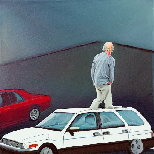 Image similar to larry david standing on roof of prius, painting