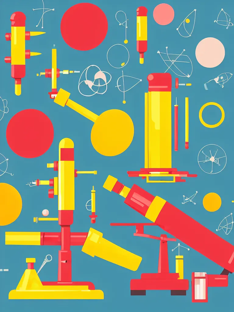 Image similar to editorial illustration scientific lab test tube telescope microscope spaceship, colorful modern, mads berg