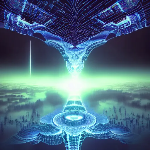 Image similar to a tiny civilization living inside a mandelbrot fractal, high tech, fog, neon, technopunk, future