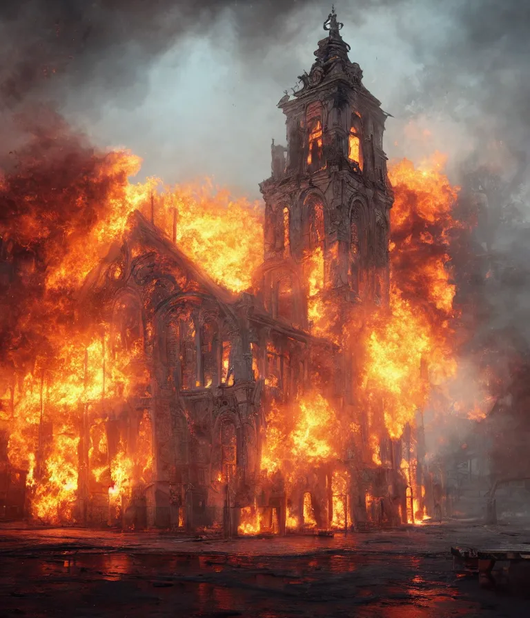 Prompt: a beautiful hyperrealistic detailed 3D render of a burning church, by genzoman, unreal engine, octane render, gigantic, 3D, brilliantly coloured, intricate, ultra wide angle, trending on artstation, embers, smoke, dust, dusk, volumetric lighting, HDR, polished, micro details, ray tracing, 8k