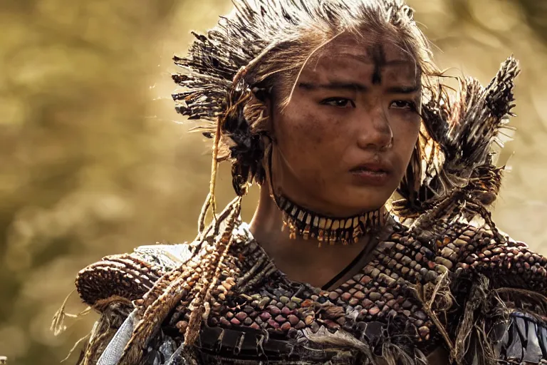Image similar to close - up photo of a beautiful tai warrior princess in a battle scene, detailed eyes, shallow depth of field, photorealistic, cinematic lighting, lovely bokeh, warm colours, dusk