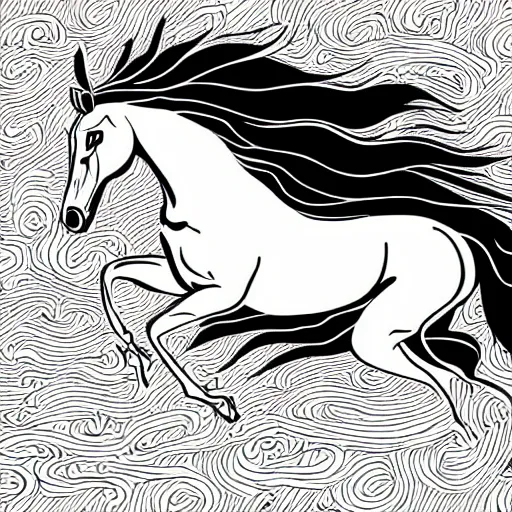 Image similar to a black and white vector based illustration by Junji Ito of a galloping flaming horse done in Adobe illustrator, black ink shading on white background