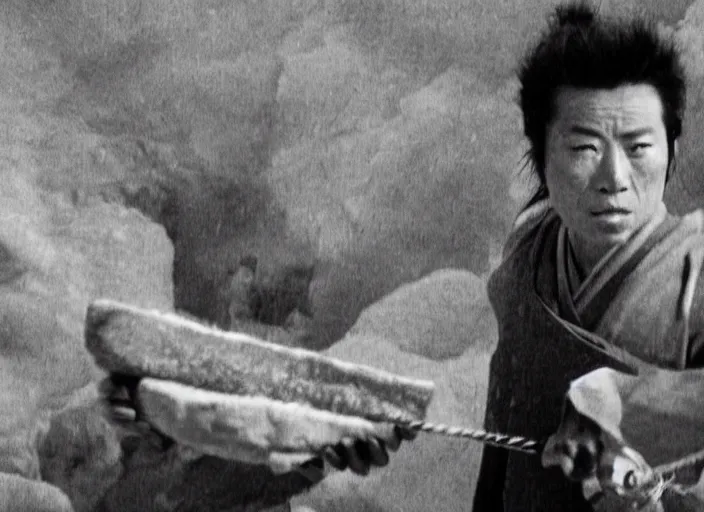 Image similar to a movie still of a samurai slicing through a loaf of bread by Akira Kurosawa