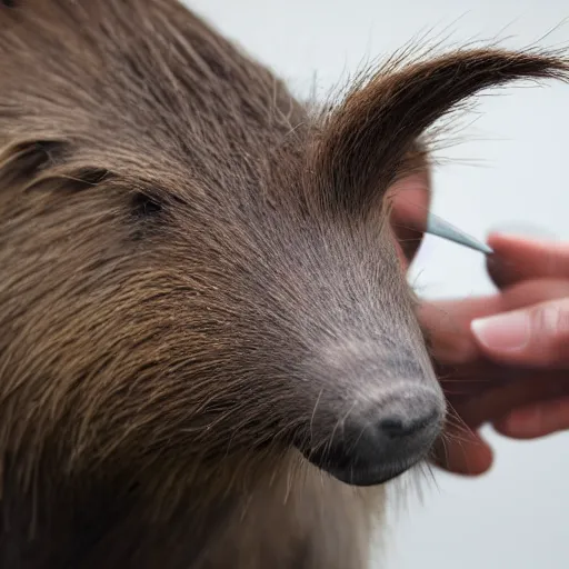 Prompt: a barber cutting the hair of a capybara, close - up shot, digital art, trending on artstation, matte painting