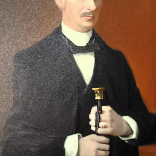 Image similar to Oil Painting portrait of a Victorian Gentleman with a Steampunk prosthetic