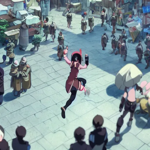 Image similar to female thief jumping up, looking down, surrounded by soldiers, busy marketplace, daytime, asian, fantasy, screenshot from the anime film by makoto shinkai, 8k