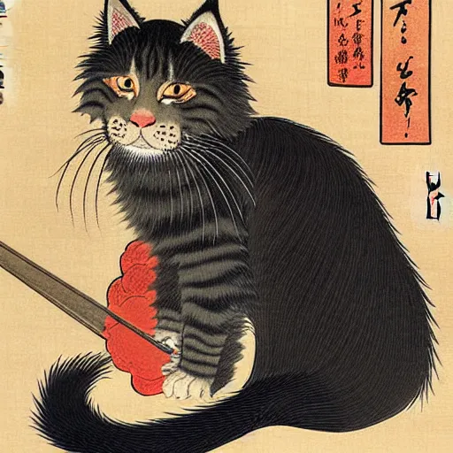 Image similar to beautiful portrait ukiyo - e painting of an ginger maine coon by kano hideyori, kano tan'yu, kaigetsudo ando, miyagawa choshun, okumura masanobu, kitagawa utamaro