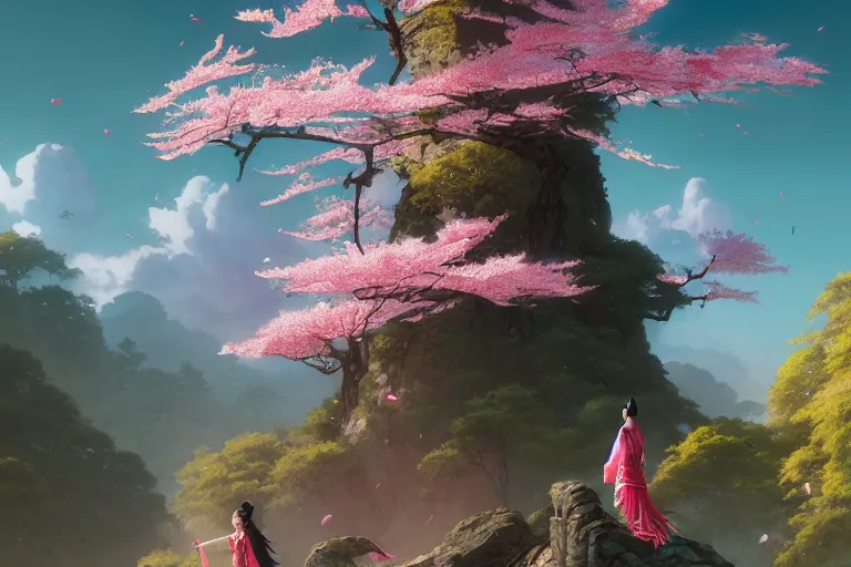 Image similar to wuxia, ancient relic, cherry blossoms, unreal engine, fantasy art by greg rutkowski, loish, rhads, ferdinand knab, makoto shinkai and lois van baarle, ilya kuvshinov, rossdraws, tom bagshaw, global illumination, radiant light, detailed and intricate environment