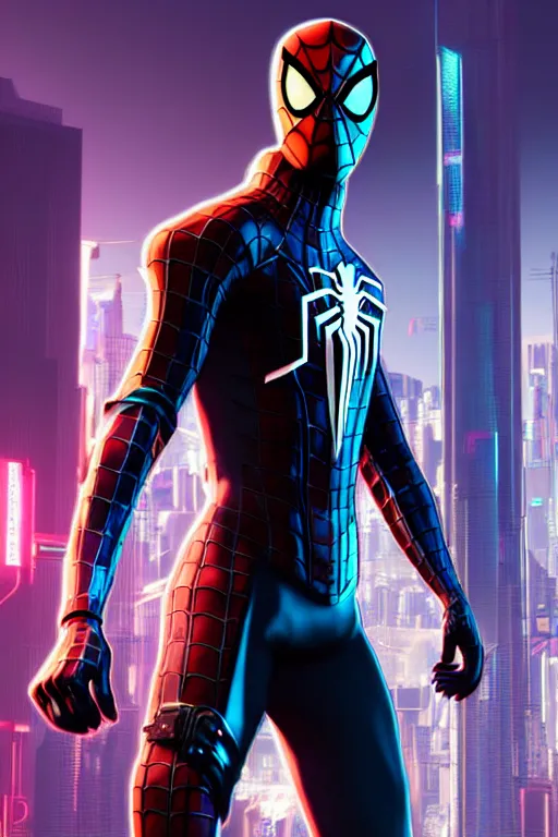 Image similar to futuristic portrait art of an armored cyberpunk spiderman, futuristic style spiderman, cyberpunk, game screenshot from cyberpunk 2 0 7 7