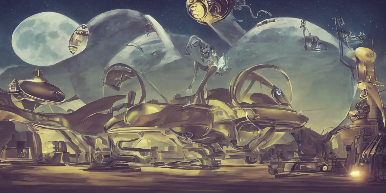 Prompt: surreal art deco designs, sci fi scene, alien landscape, flying saucer and moon rover