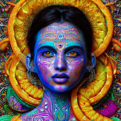Prompt: the face of a ridiculously beautiful and pretty indian woman partially made of onion rings of all colors looking down, an ultrafine detailed illustration by james jean, final fantasy, intricate linework, bright colors, behance contest winner, vanitas, angular, altermodern, unreal engine 5 highly rendered, global illumination, radiant light, detailed and intricate environment