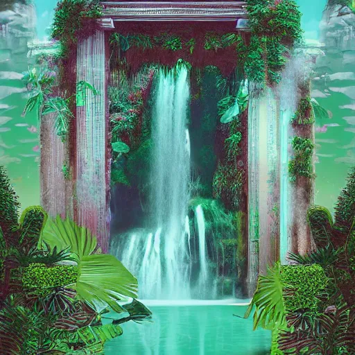 Image similar to a old Marble palace with plants and waterfalls,retrowave art,digital art