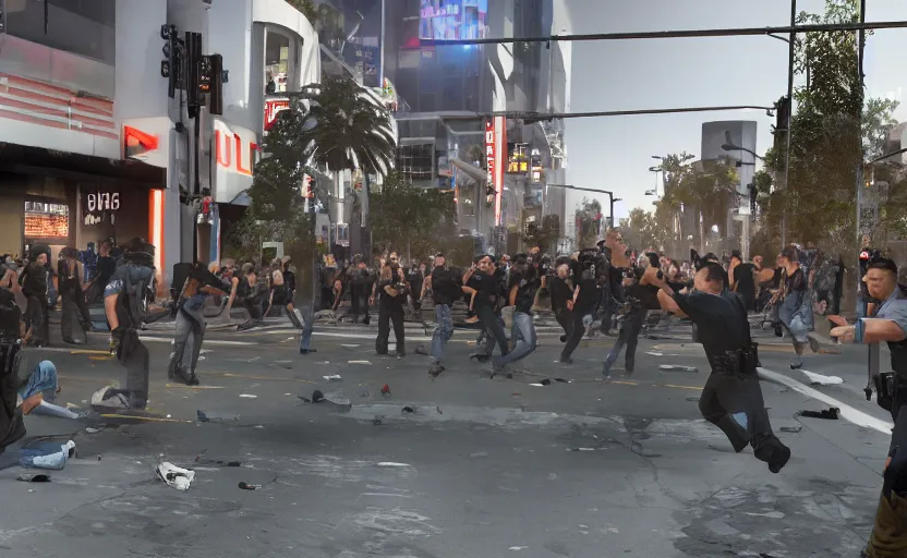 Image similar to crowd of crazy people with placards attacking cops in front of stores in los angeles with light screens all over the street, photorealism, art for the game, professional lighting, night lighting from streetlights, japanese chill photo, concept art