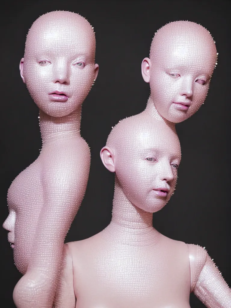 Image similar to portrait of a ethereal goddess wearing a big pearl studded iridescent beauty mask and pink hair buns, wearing a black bodysuit by alexander mcqueen, cream white background, soft diffused light, biotechnology, humanoid robot, perfectly symmetric, bjork aesthetic, translucent, by rineke dijkstra, intricate details, highly detailed, masterpiece,