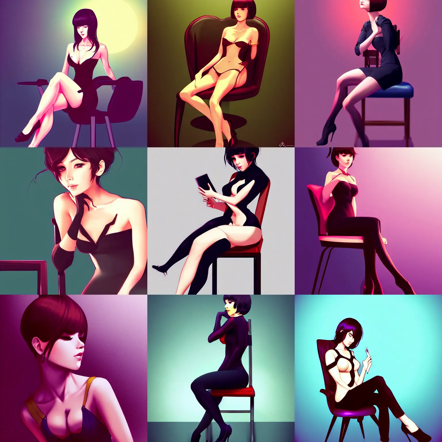 Prompt: seductive woman sitting in a chair. high definition digital art, drawn in the style of Ross tran and ilya kuvshinov, drawn by the best artist