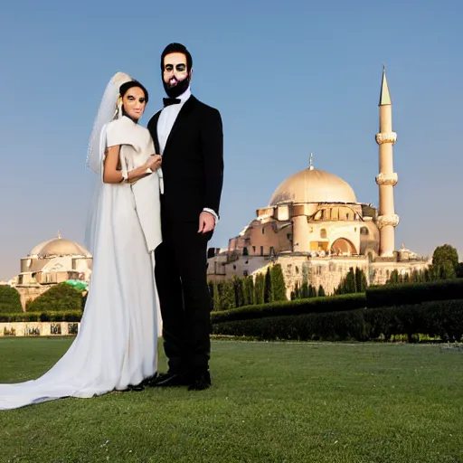 Prompt: A tall lebanese man, short well groomed beard, short hair wearing a tuxedo, next to a short turkish woman with a ponytail, slim body, brown eyes wearing a long white dress, getting married in a garden, with a majestic Ottoman palace in the background, at night, well lit sky, close up shot, luxury, luxurious wedding, Ottoman Empire era, gold, photorealistic, ultra-detailed, 4k high resolution, HDR shot