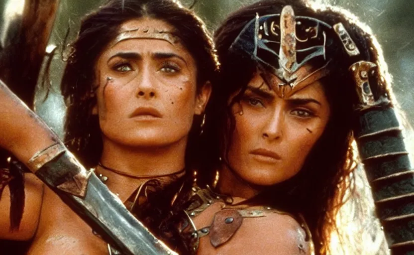 Prompt: epic photo of muscular salma hayek as beautiful barbarian warrior princess in a battle scene, sweaty, detailed eyes, neutral expression, shallow depth of field, photorealistic, cinematic lighting, lovely bokeh, warm colours, dusk, movie quality, conan the destroyer 1 9 8 5, movie still