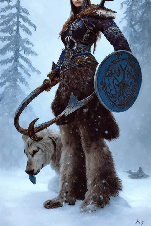 Image similar to azure viking warrior with animal companion, regal, elegant, winter, snow, beautiful, stunning, hd, illustration, epic, d & d, fantasy, intricate, elegant, highly detailed, digital painting, artstation, concept art, smooth, sharp focus, illustration, wallpaper, art by artgerm and greg rutkowski and alphonse mucha and jin xiaodi