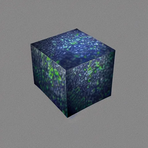 Prompt: 3 d floating cube made of reflective material with lichen growing on it, angled, high contrast, black background