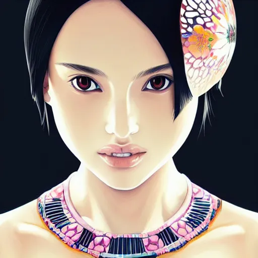 Image similar to a beautiful young japanese natalie portman alluring gravure model, wearing elegant designer tank top, elegant tank top with mesoamerican patterns, by akira toriyama and wlop and ilya kuvshinov and artgerm and, aesthetic, gorgeous, stunning, alluring, attractive, artstation, deviantart, pinterest, digital art