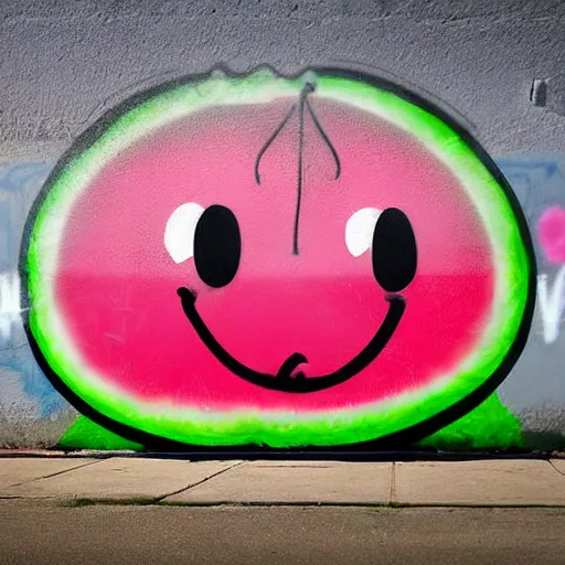 Image similar to a cute and happy watermelon, graffiti, photograph, made by banksy, vivid colors, spray brush, midday, sunny, professional