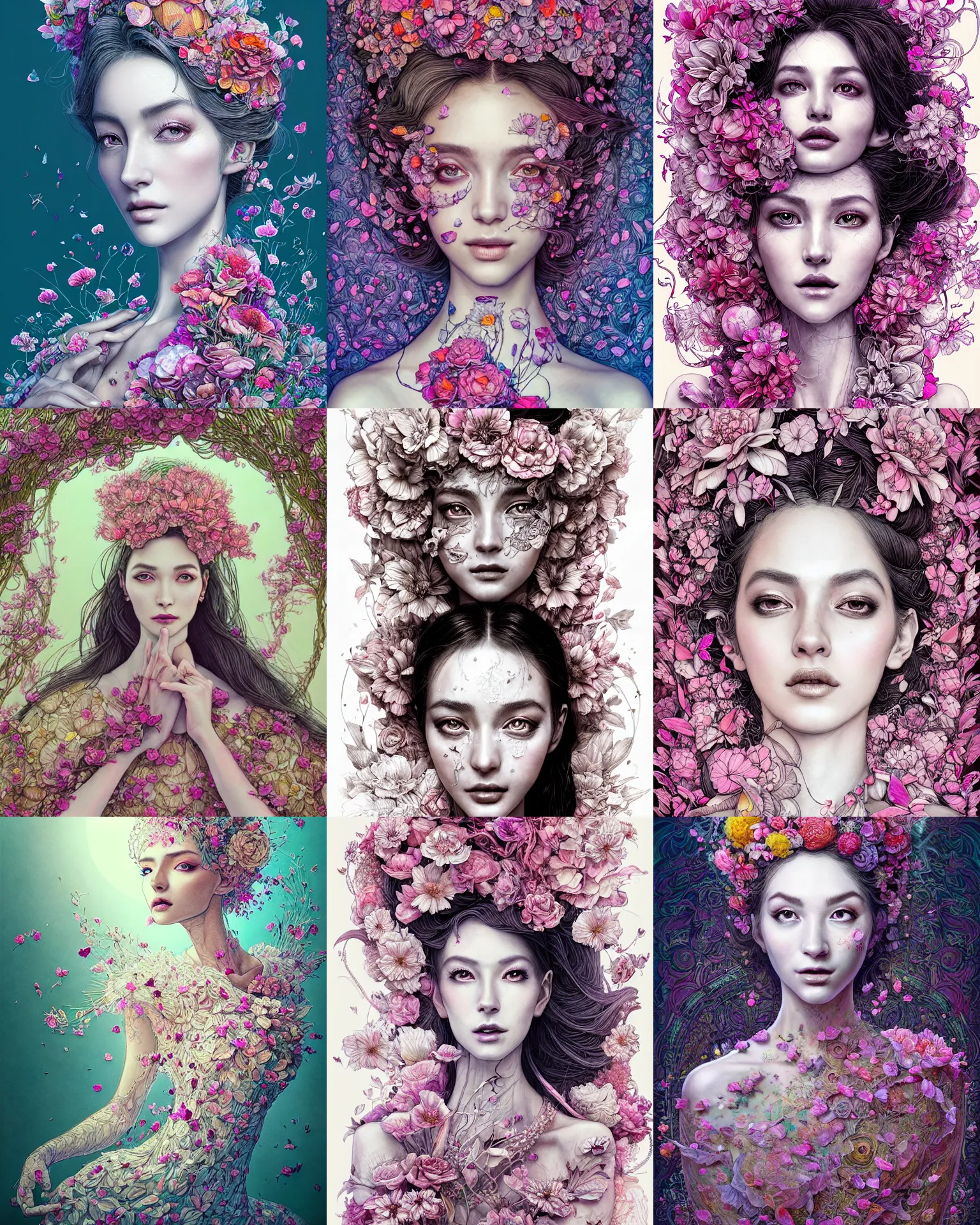 Prompt: the portrait of an absurdly beautiful, graceful, elegant, and perky woman made of petals, an ultrafine detailed illustration by vania zouravliov, rossdraws, irakli nadar, intricate linework, bright colors, final fantasy, behance contest winner, angular, unreal engine 5 highly rendered, global illumination, radiant light, detailed and intricate environment