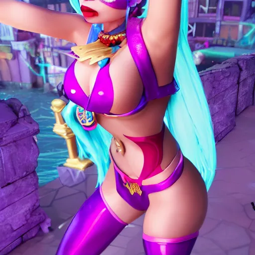 Image similar to still of pretty Jinx (League of Legends) in KDA More music video. 3d render, octane render, game art, realistic, highly detailed, trending on artstation, 4k, trending on artstation, pixar, cgsociety, unreal engine 5, redshift render, trending on artstation, blender, behance, cg