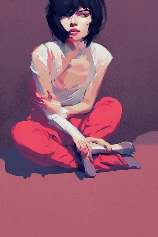 Image similar to a ultradetailed beautiful painting of a stylish woman sitting on the floor of a tiled room, by greg rutkowski, conrad roset, and ilya kuvshinov trending on artstation