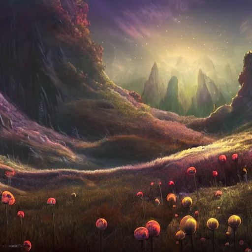 Image similar to landscape of an alien planet, beautiful, atmosphere, vibe, mist, esotic flowers, strange animals, alien plants, concept art illustration, color page, tone mapping, volumetric lighting, sunbeams, particles