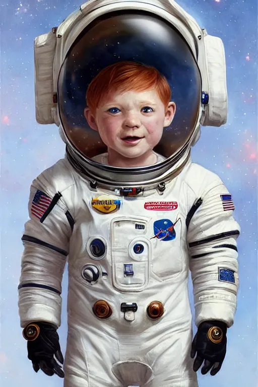 Image similar to a little boy with a michievous face and ginger hair. he is an astronaut, wearing a space suit. clean elegant painting, beautiful detailed face. by artgerm and greg rutkowski