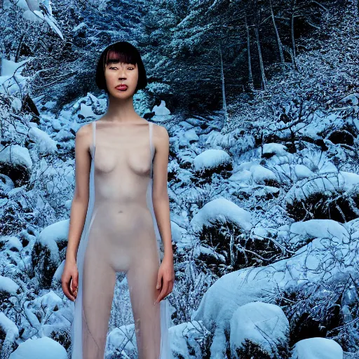 Image similar to a instax photo of fuji mountain, a tall japanese girl in a transparent sheer fabric dress against the background of fuji mountain, severe snow, full body shot, perfect symmetrical body, perfect symmetrical face, coherent symmetrical eyes, by peter kemp, by monia merlo, hyperrealistic, hyperdetailed, octane render, 8 k