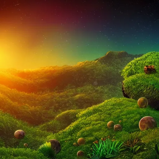 Image similar to a beautiful alien planet with luscious vegetation and impossible animals. landscape photography. sunset. high quality. very detailed.