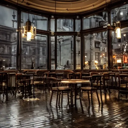 Image similar to sitting alone in a cafe in a rainy victorian city, 8k, ultrarealistic, ultra hd, gloomy, photorealistic, gorgeous lighting, award winning photo