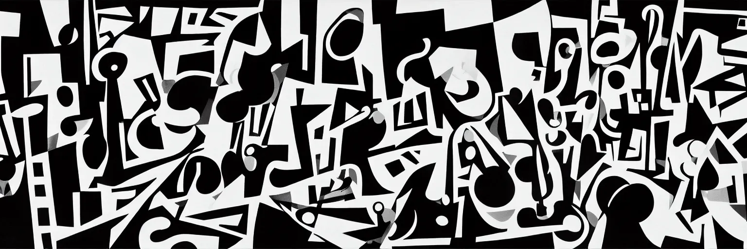 Image similar to visual representation of be - bop jazz music, black and white, abstract, dark, unreal, insightful, philosophical, multiple musical instruments, moma museum,