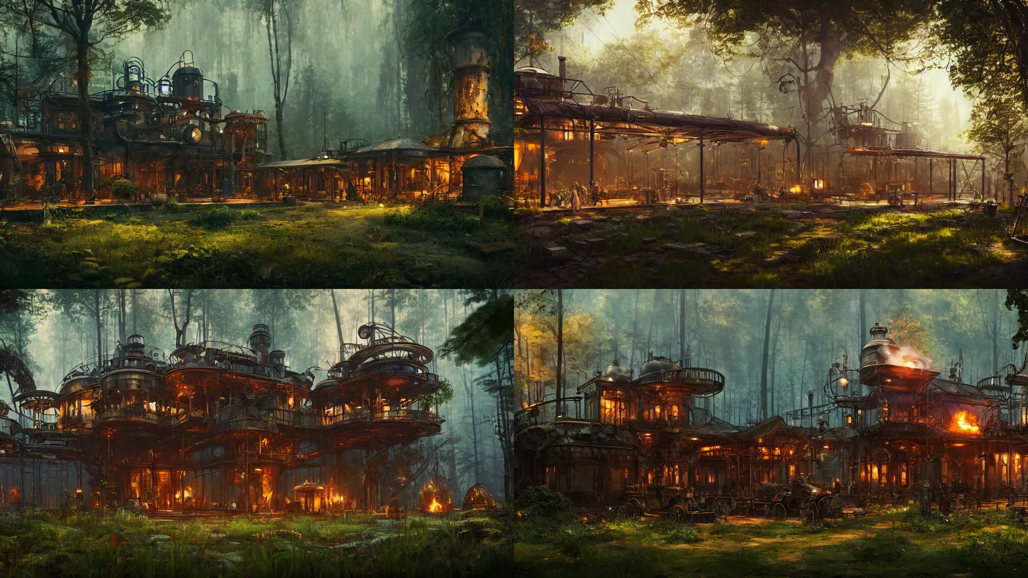 Prompt: steampunk workshop exterior in the middle of the lush forest with a smoking chimney on the metal rooftop, by Wadim Kashin, featured in artstation, octane render, cinematic, elegant, intricate, 8k