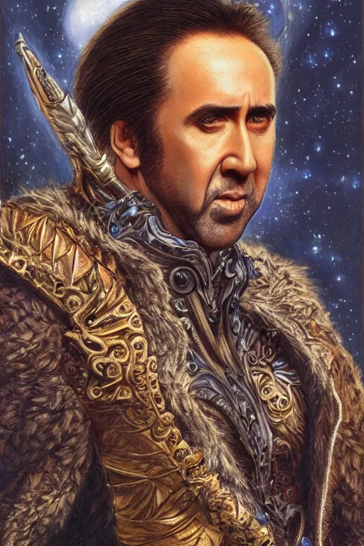 Image similar to portrait of Nicolas Cage as wizard, fantasy, intricate, highly detailed, artstation, illustration by ken kelly