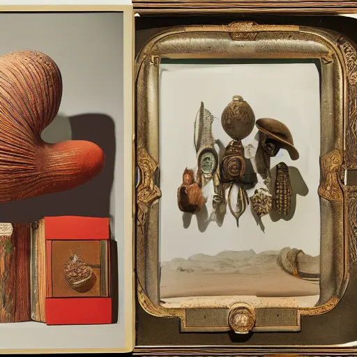 Image similar to A three color offset photography of surrealist objects on display, anthropology of wonder, surrealisme, exotic artifacts, colonial expedition, catalog exhibition, 60s style