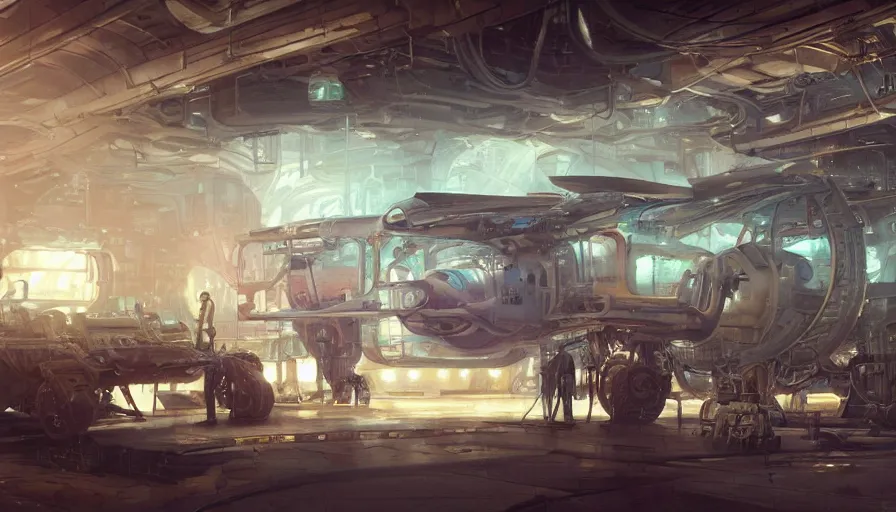 Image similar to the inside of a futuristic mechanic spaceshop, highly detailed interior, holographic screen in center frame by peter mohrbacher and craig mullins, dieselpunk, firefly, cryengine render, hyper realism, realistic shading, cinematic composition, realistic render, octane render, detailed textures, photorealistic, wide shot, fanciful, colorful