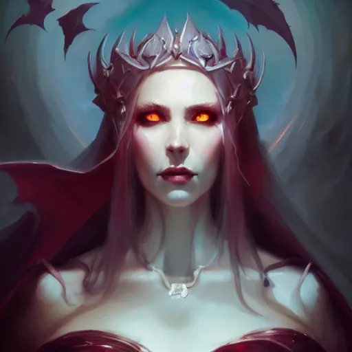 Prompt: a portrait of a bride of dracula, concept art by pete mohrbacher and wlop and artgerm and guweiz, digital art, highly detailed, intricate, sci - fi, sharp focus, trending on artstation hq, deviantart, unreal engine 5, 4 k uhd image