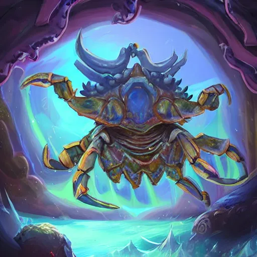 Image similar to blue giant crab monster, crab claws, fantasy digital art, magical background in the style of hearthstone artwork