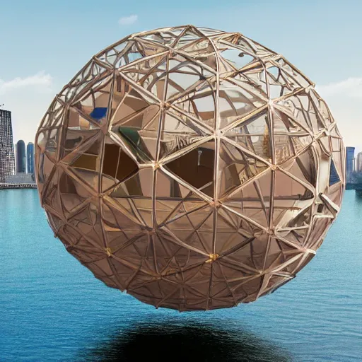 Prompt: an hd photo of the exterior of a floating bedroom being lifted by geodesic spheres tied to it, while floating over a city in the style of syd mead