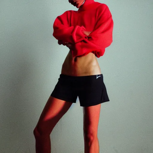 Image similar to realistic! photoshoot for a new nike lookbook, color film photography, portrait of a beautiful woman, red frontal light, in style of tyler mitchell, 35mm