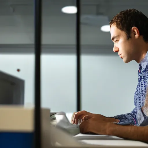 Image similar to someone working in a cubicle while everyone else nearby leaves