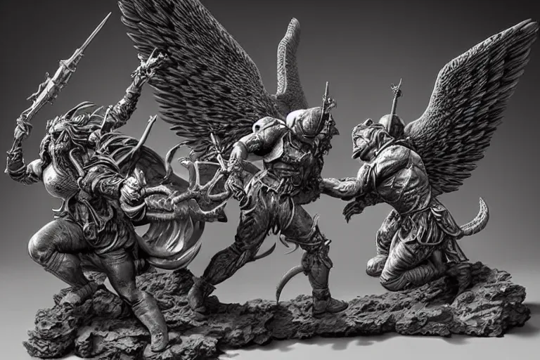 Image similar to an intricate 3d sculpture of the battle for good and evil with angels and demons by kris kuksi