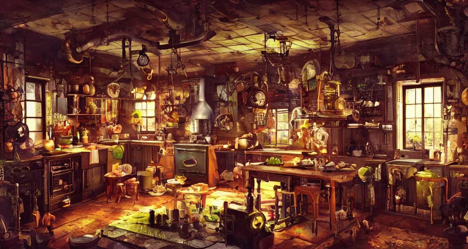 Image similar to IKEA catalogue photo of a steampunk farmhouse kitchen, by Paul Lehr