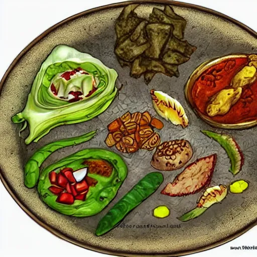 Prompt: a plate of unusual elven cuisine, rpg item, fantasy concept art