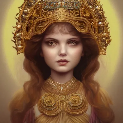 Image similar to an intelligent young goddess with a gold grown lookin at the camera, she has a beautiful unconventional face, intricate, elegant, highly detailed, digital painting, artstation, concept art, smooth, sharp focus, illustration, art by mark ryden and gaston bussiere 3 d 8 k ultra detailed