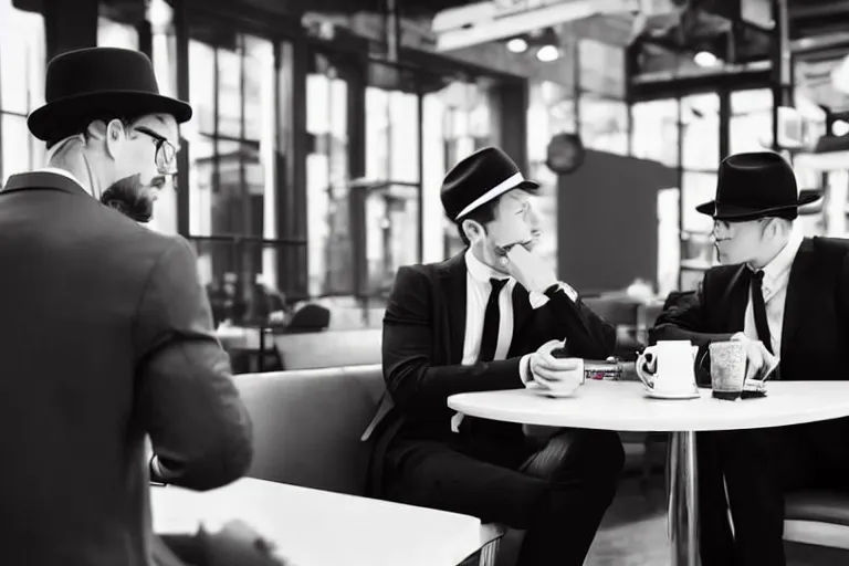 Prompt: still photo of new york men wearing suit and hat at a cafe, black and white color aesthetic, highly detailed, photorealistic portrait, bright studio setting, studio lighting, crisp quality and light reflections, unreal engine 5 quality render