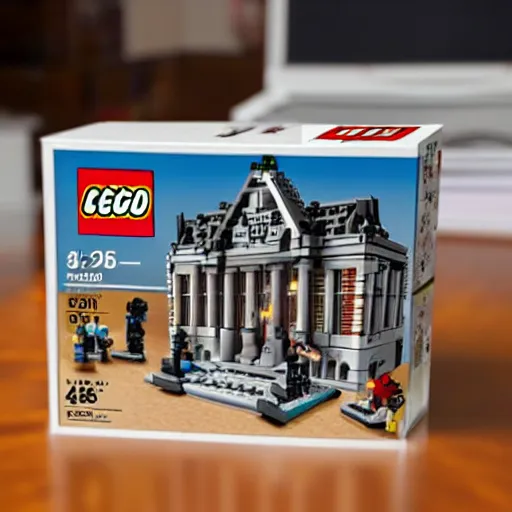 Prompt: Box art for a LEGO set of a high profile court case